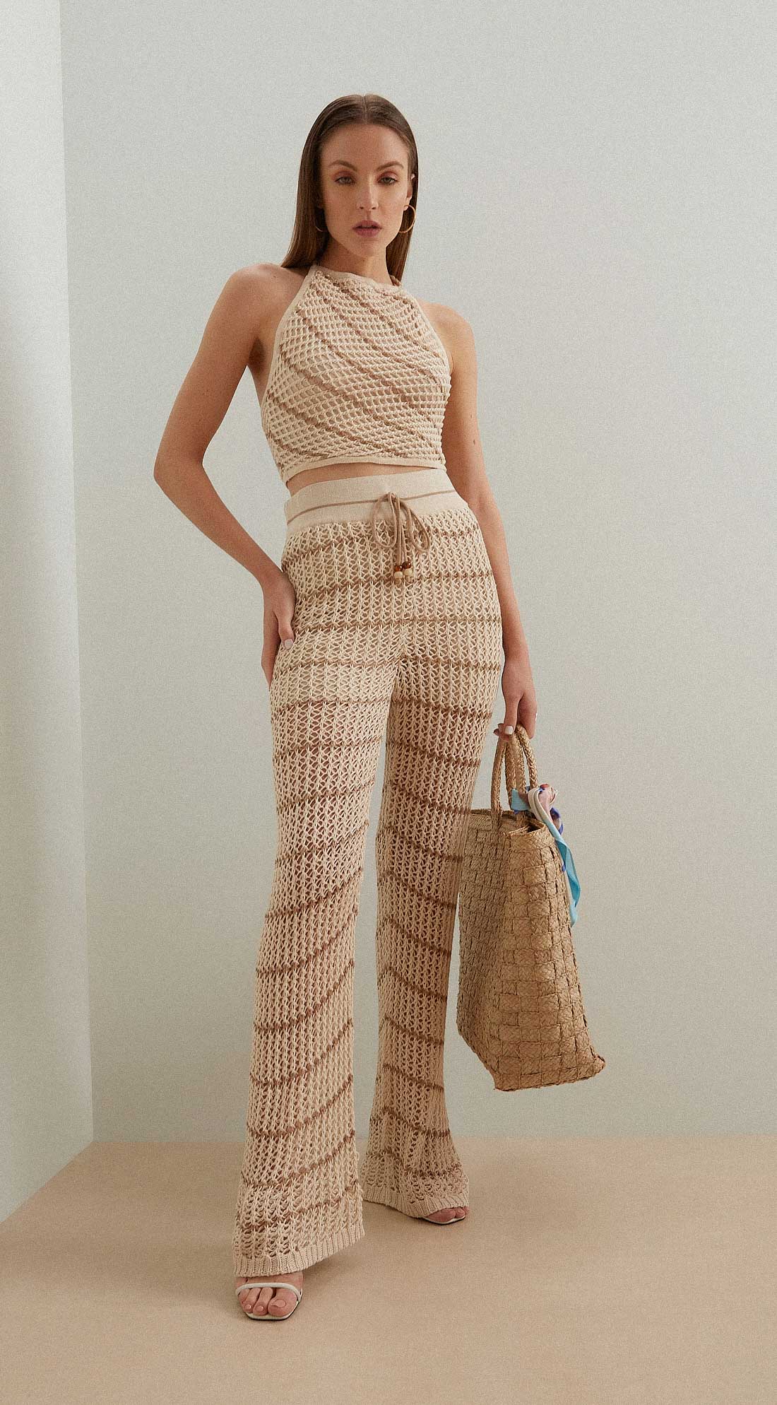 Calca Iódice Reta Cós Elástico Tricot Bege