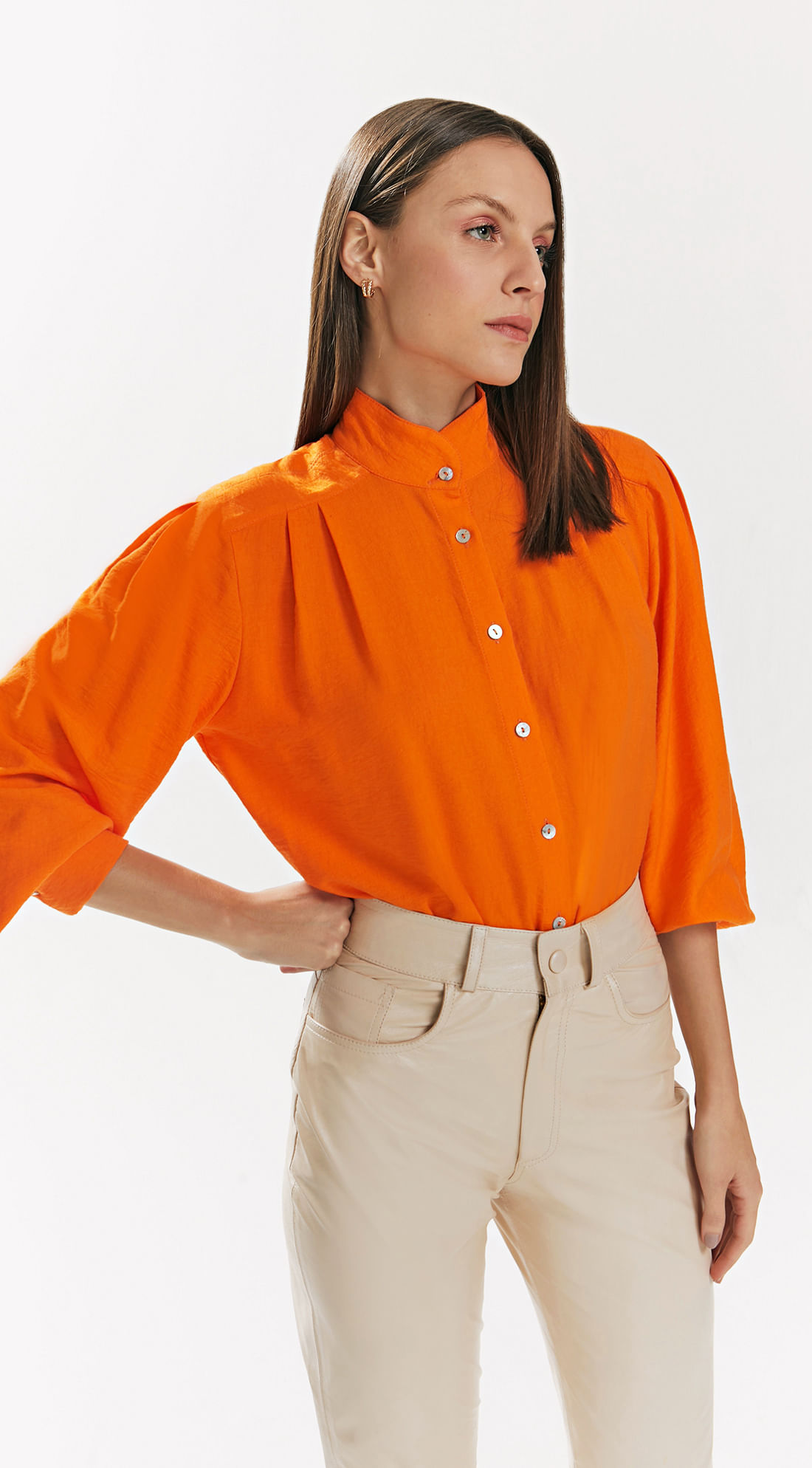 Camisa Iódice Manga Longa Com Pregas Laranja
