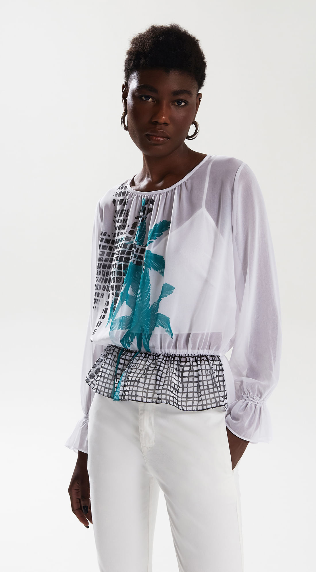 Blusa Iódice Decote Redondo Manga Longa Com Lastex Off White