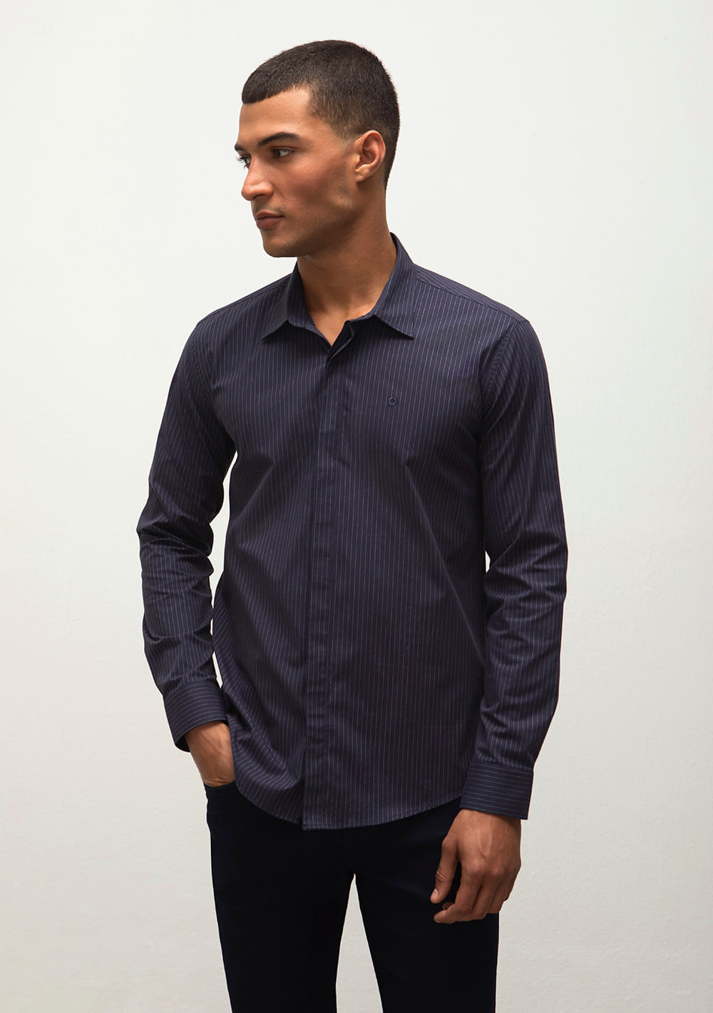 Camisa Manga Longa Com Elastano Azul Marinho