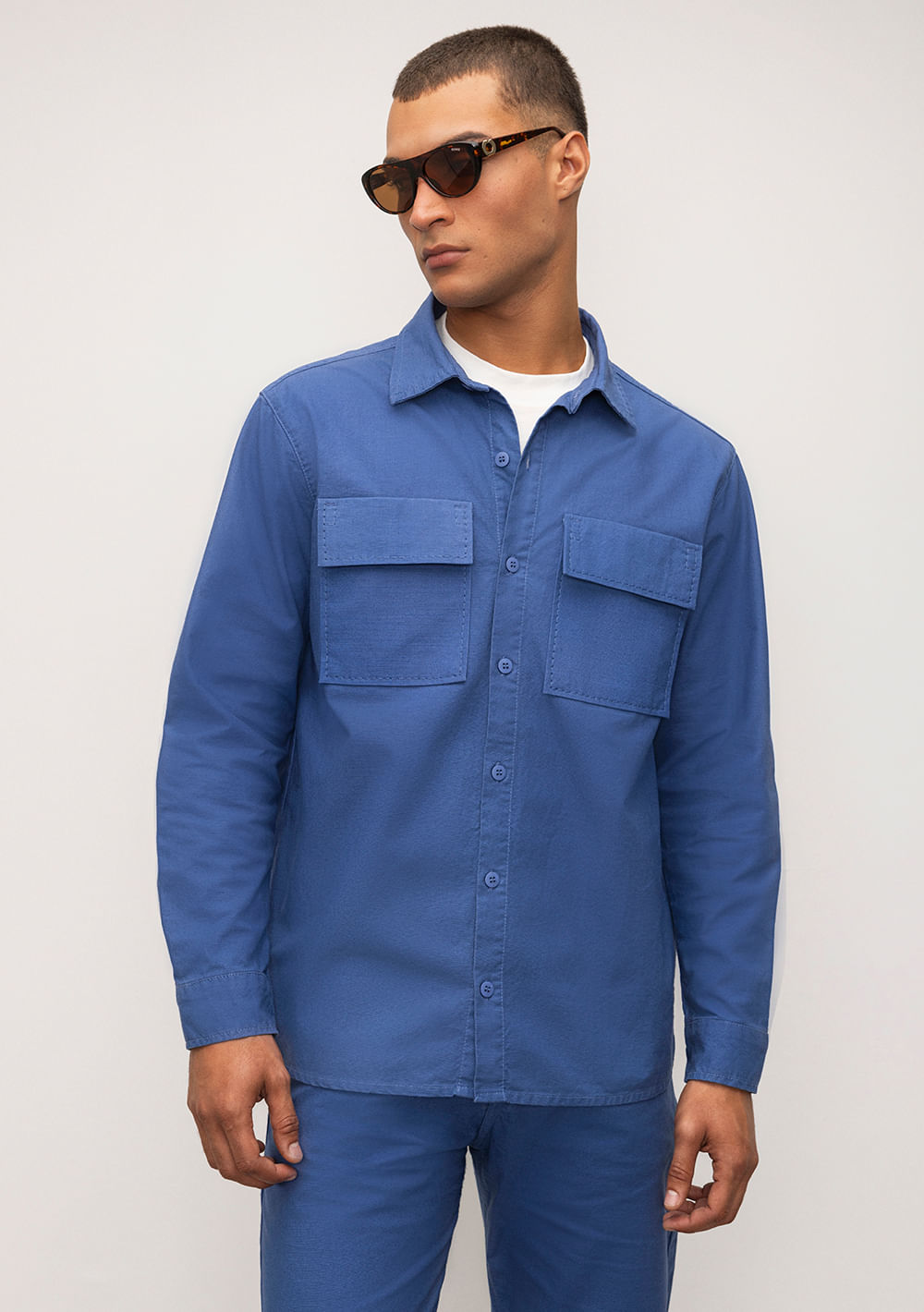 Camisa Manga Longa Detalhe Pesponto Azul Marinho