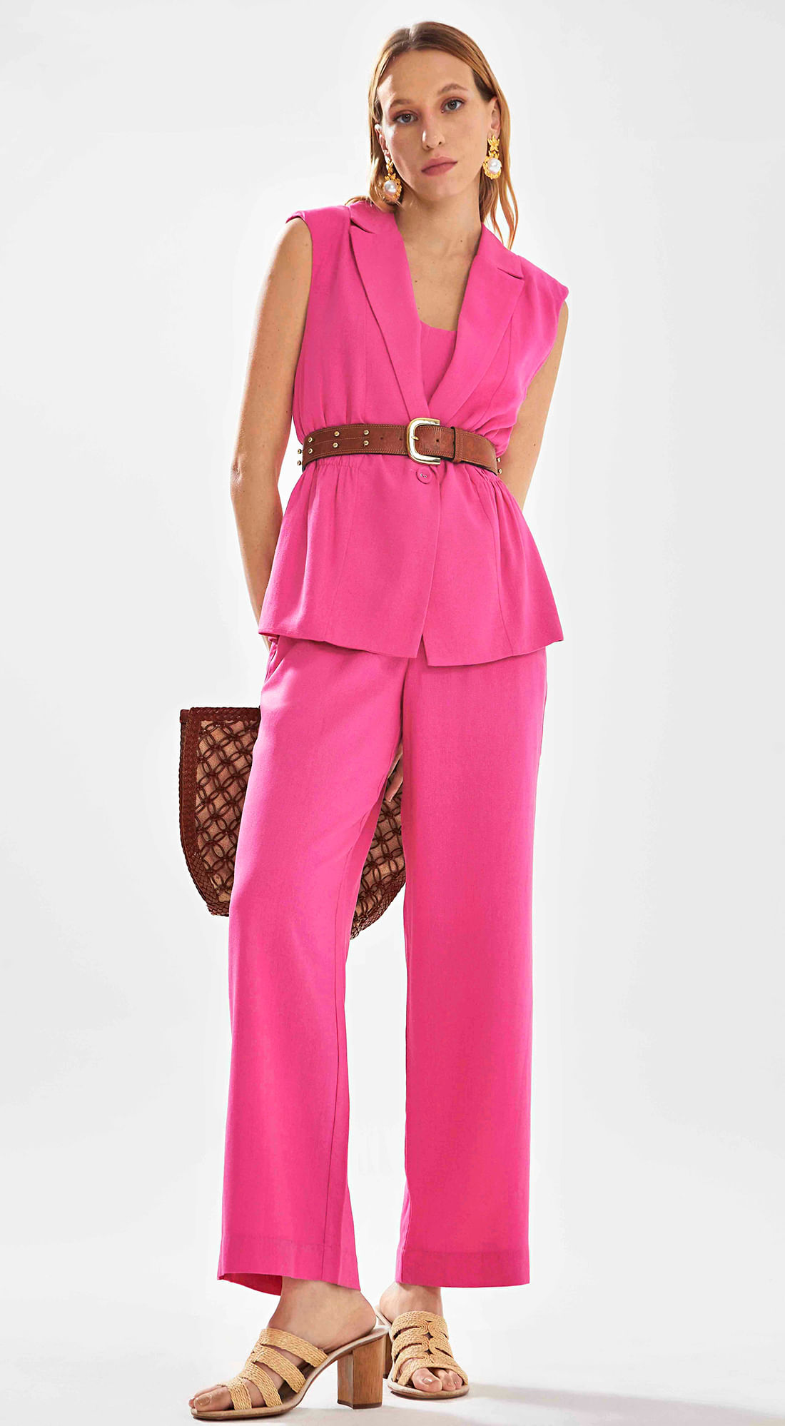 Calca Iódice Reta Cós Alto Bolso Faca Pink