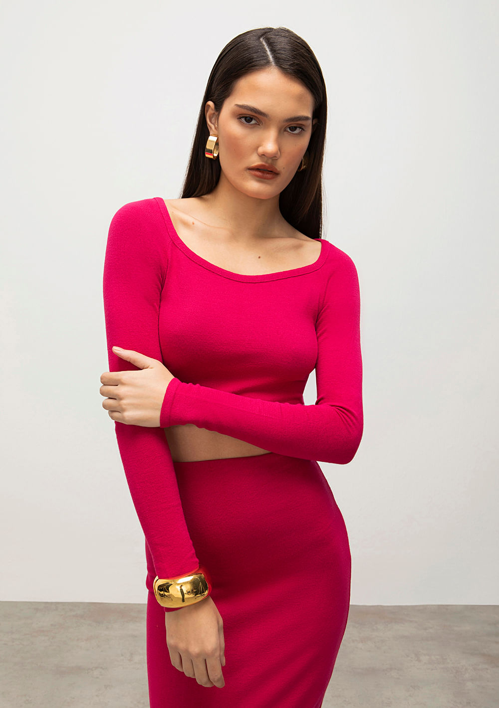 Blusa Iódice Decote V Manga Longa Tricôt Pink
