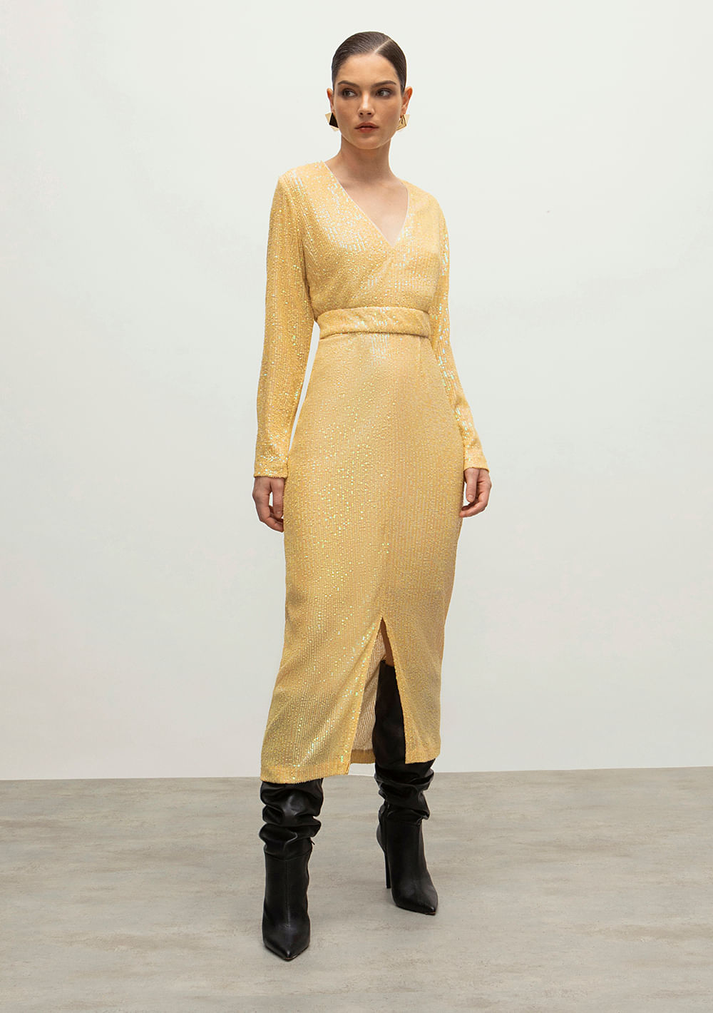 Vestido Iódice Longo Decote V Com Fenda Bege
