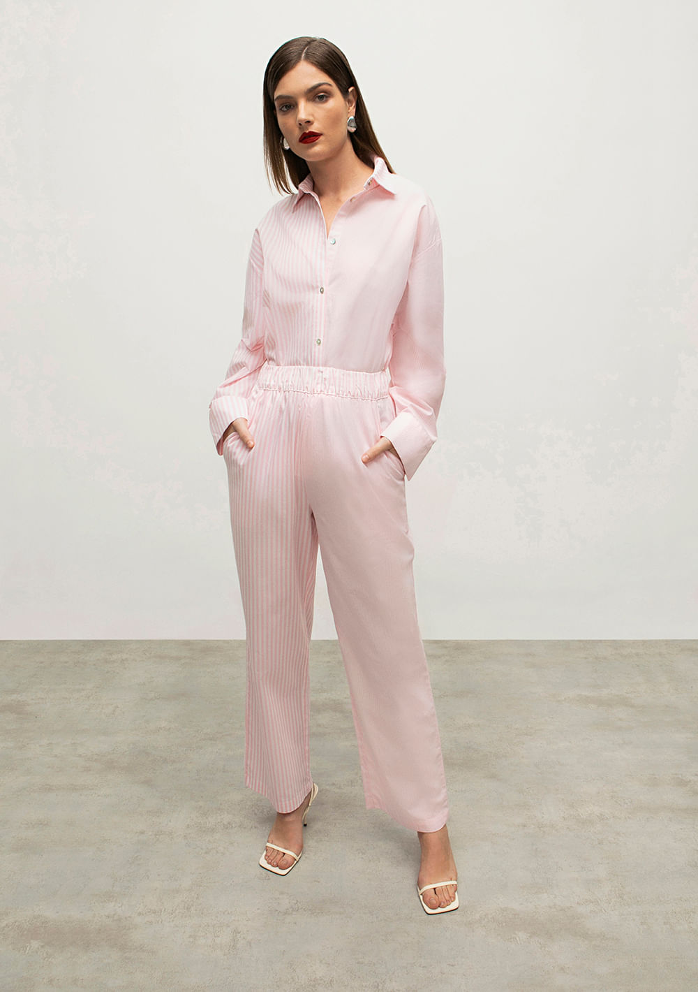 Calca Iódice Reta Cós Alto Bolso Faca Rosa