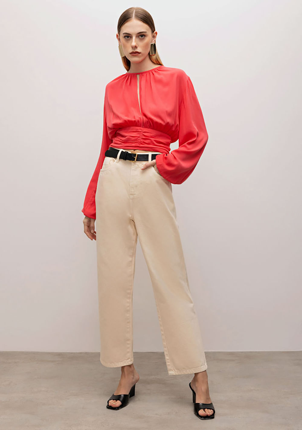 Blusa Iódice Gola Alta Manga Longa Abertura Frente Rosa