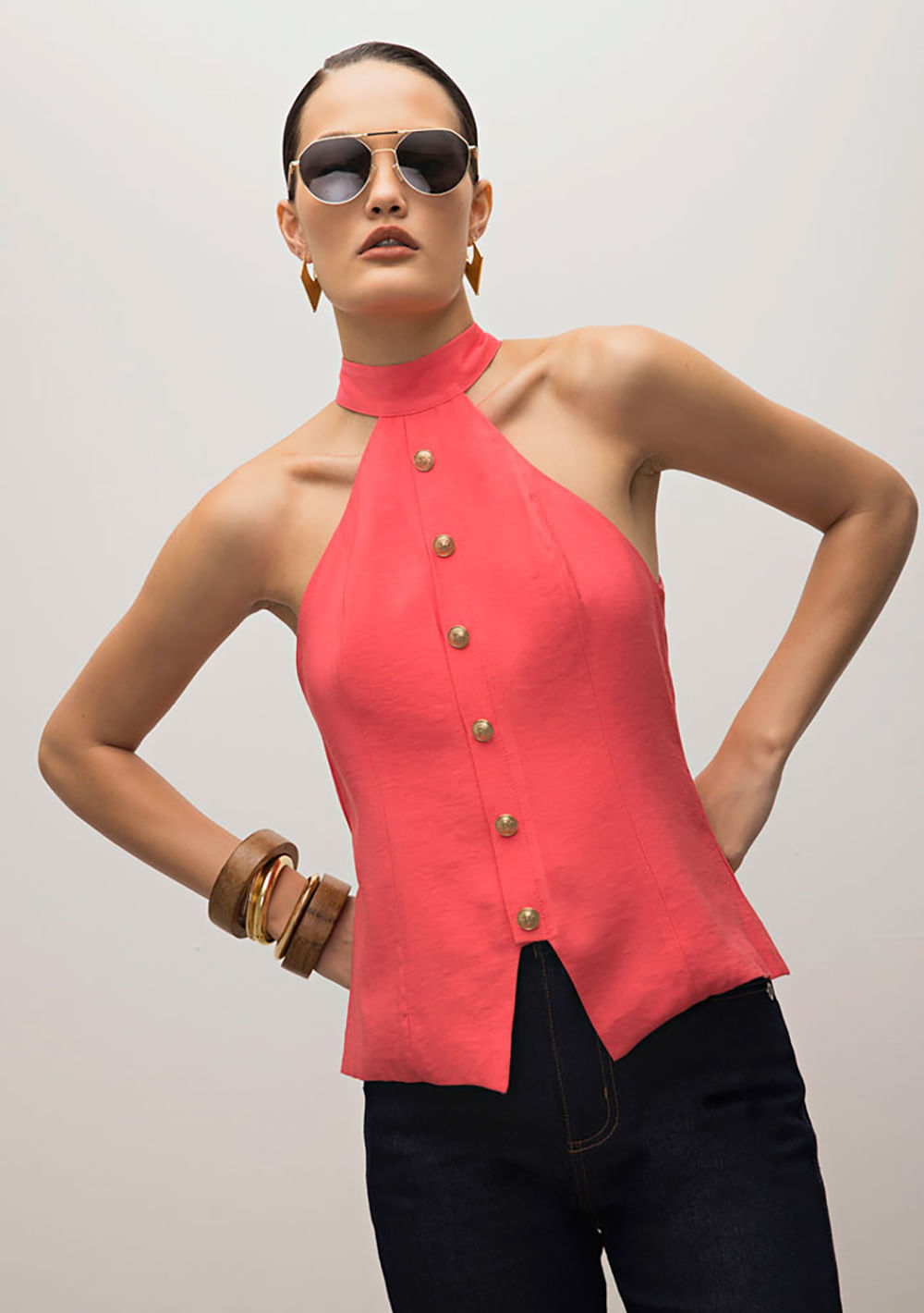 Blusa Iódice Gola Alta Sem Manga Com Zíper Rosa