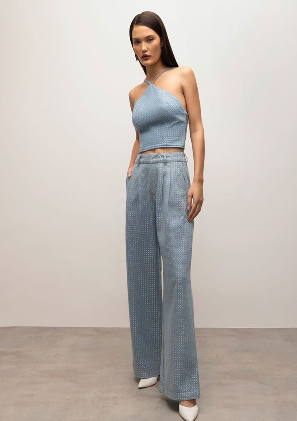 Calça Iódice Wide Cós Alto Com Termocolante Jeans
