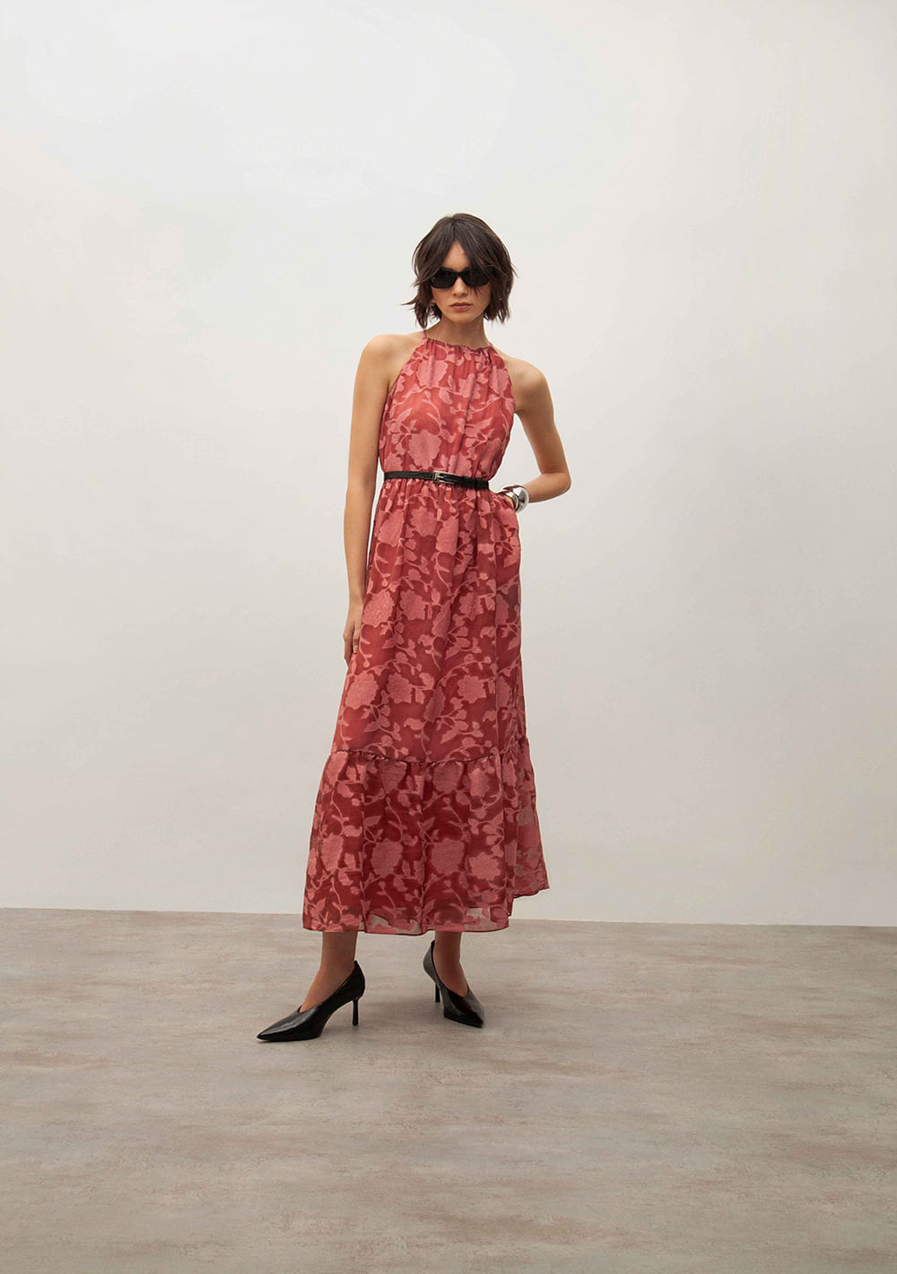 Vestido Iódice Longo Cava Francesa Com Franzido Rosa