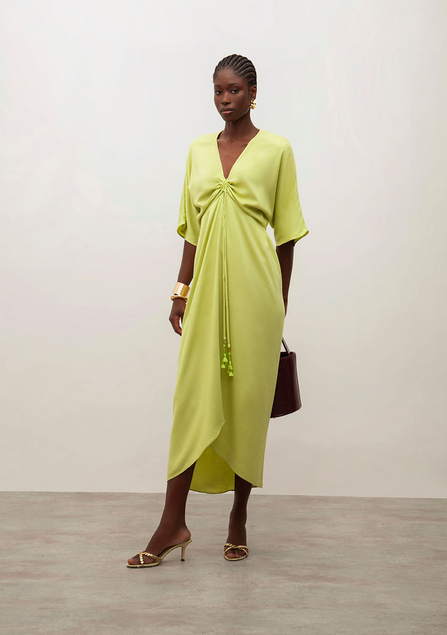 Vestido Iódice Midi Decote V Amarração Frente Verde Claro