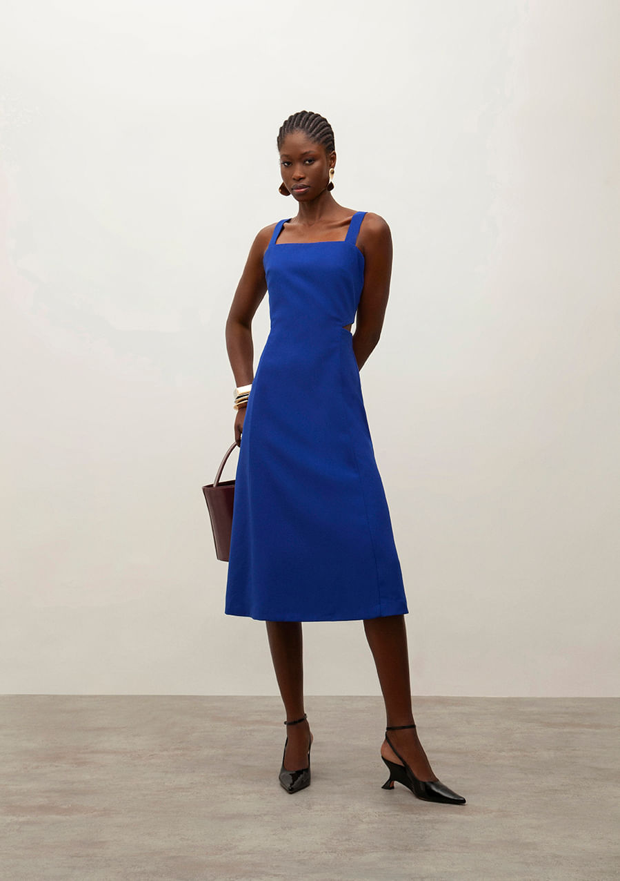 Vestido Iódice Solto Decote Costas Sem Manga Midi Azul
