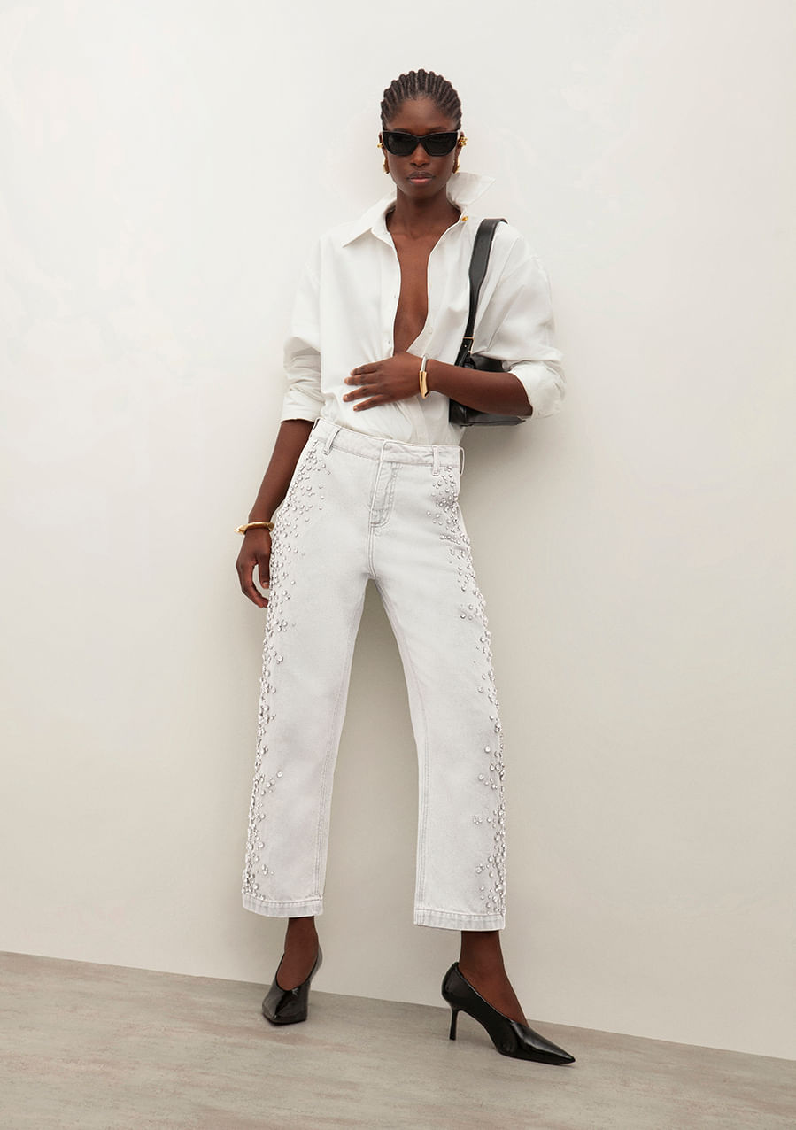 Calça Iódice Reta Cós Intermediário Com Bordado Off White