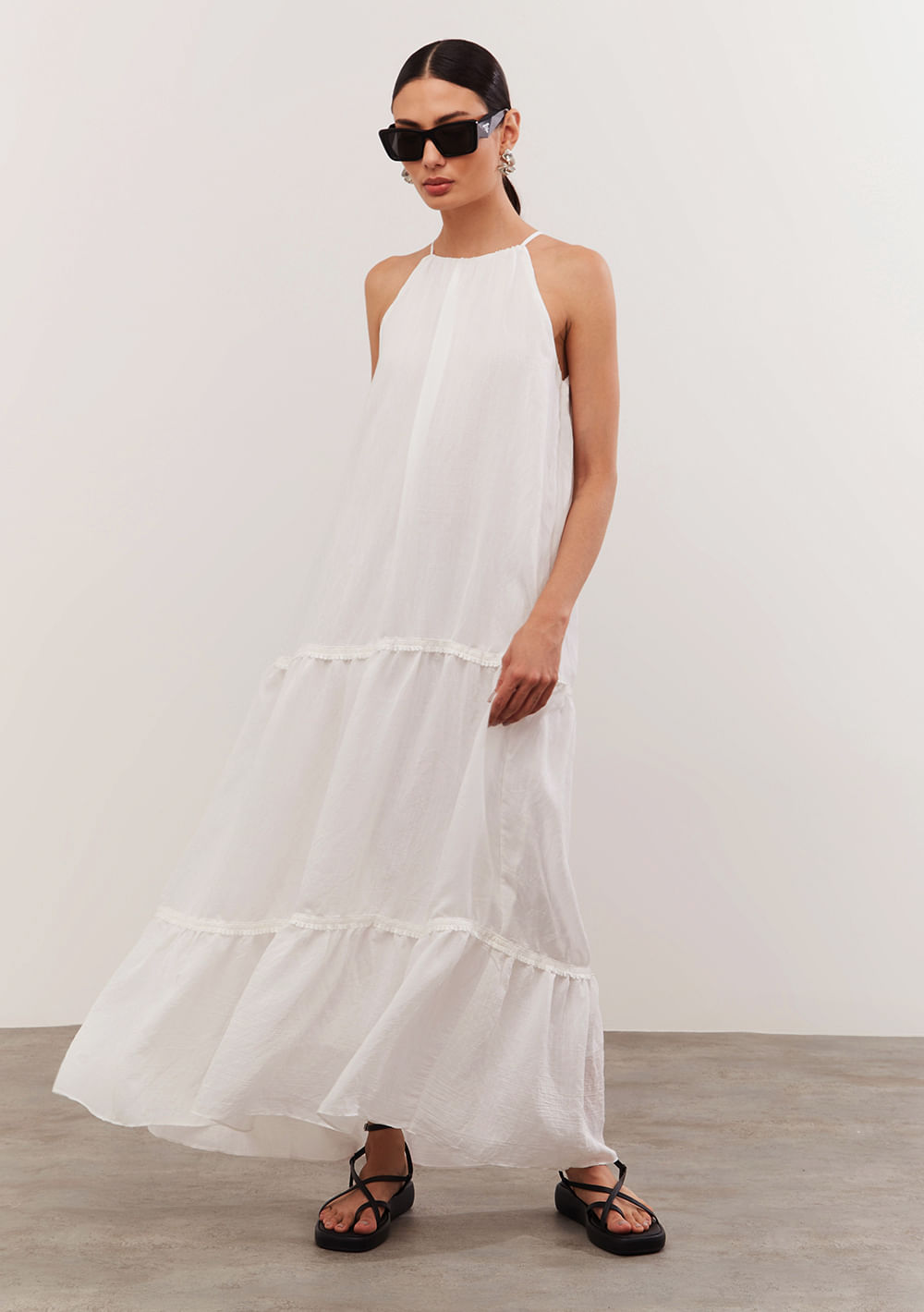 Vestido Iódice Midi Cava Francesa Com Entremeio Off White