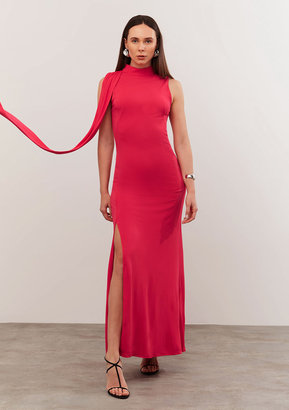 Vestido Iódice Longo Gola Alta Com Faixa Pink