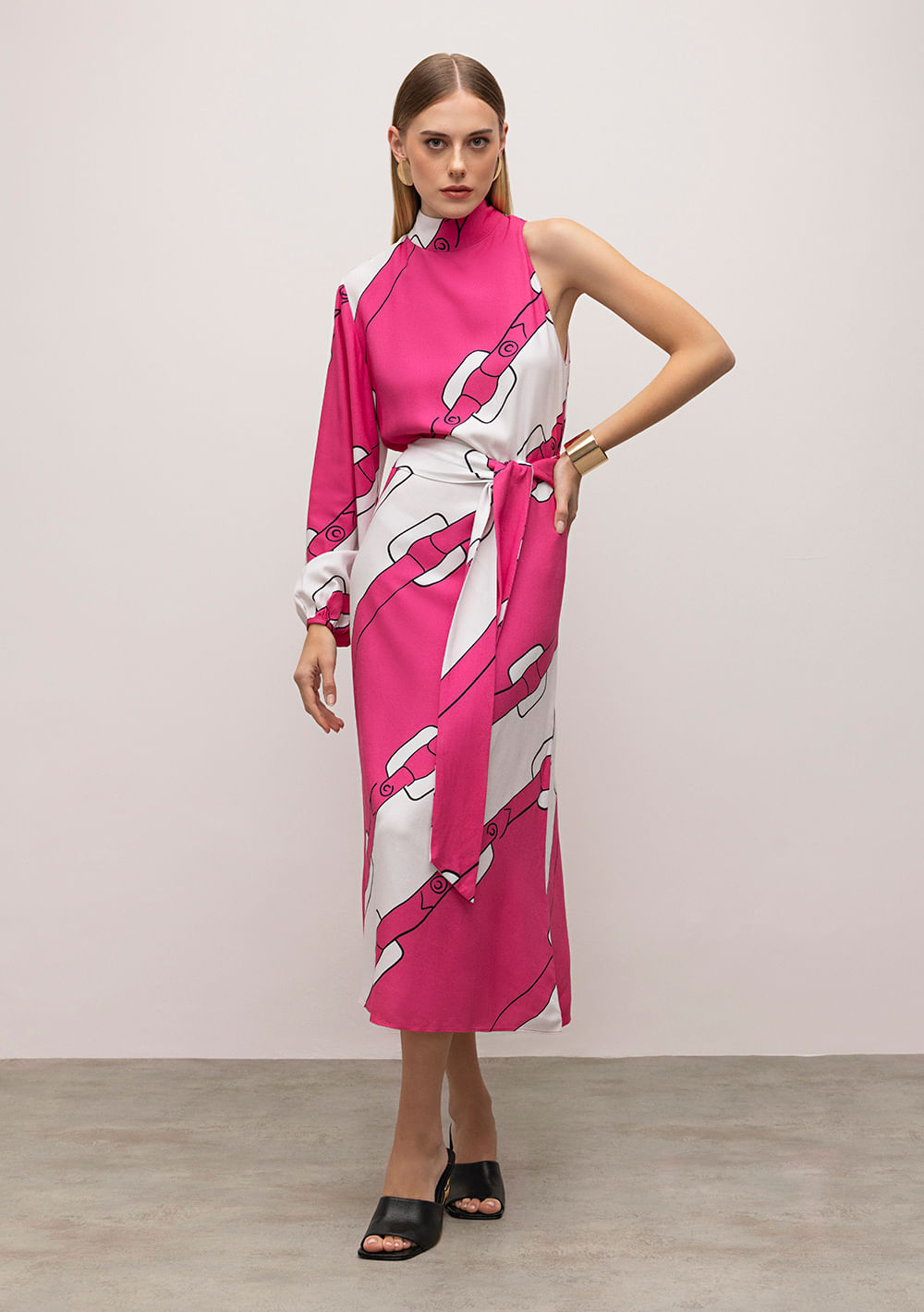 Vestido Iódice Midi Decote Redondo Com Faixa Pink