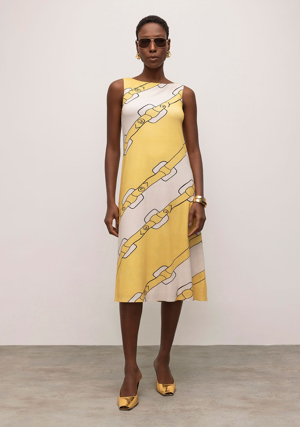 Vestido Iódice Midi Decote Canoa Com Recorte Amarelo