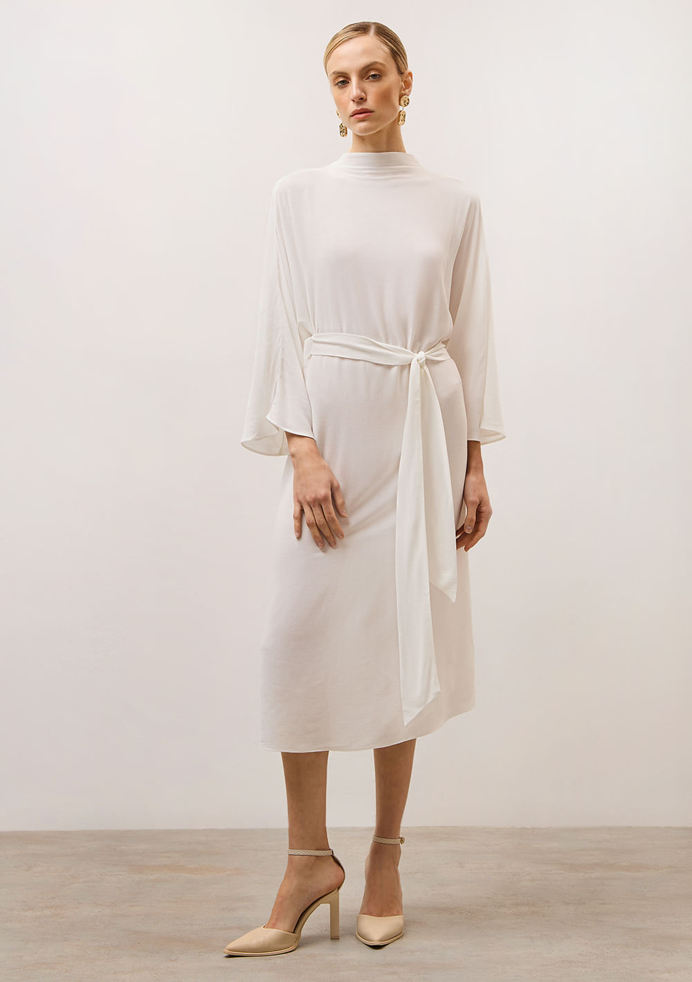 Vestido Iódice Midi Gola Alta Com Faixa Off White