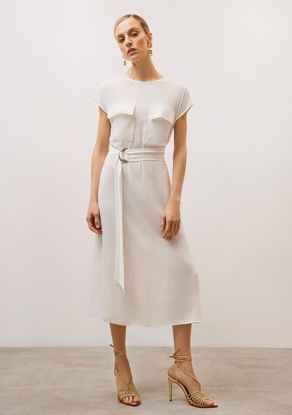 Vestido Iódice Midi Decote Redondo Com Bolso Off White
