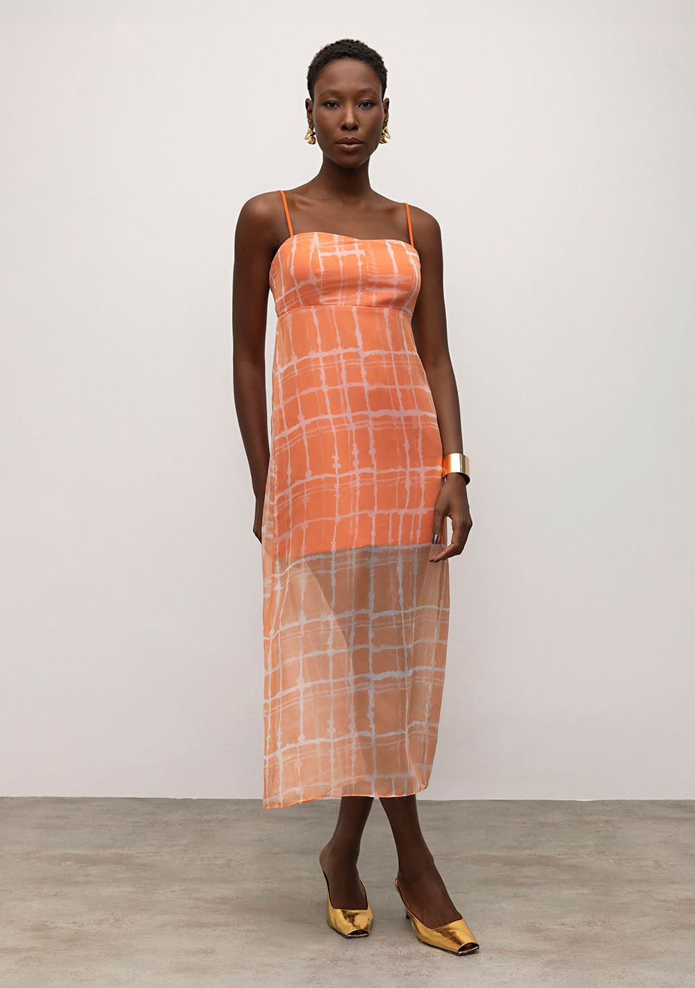 Vestido Iódice Midi Decote Reto Com Sobreposição Laranja