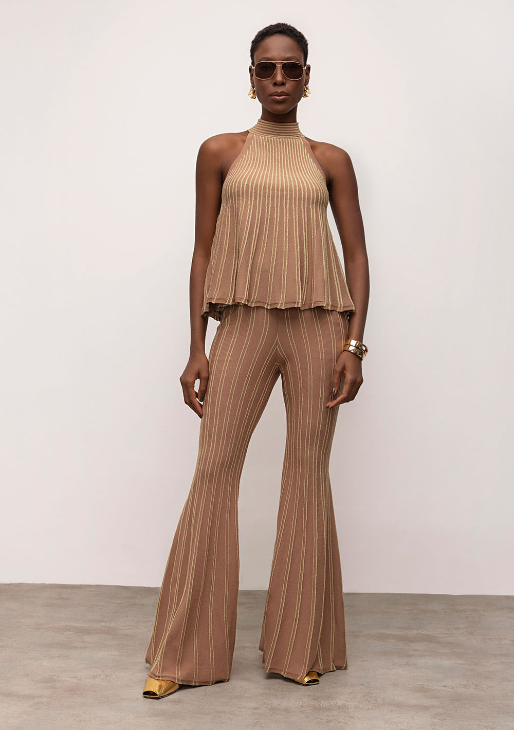 Calça Iódice Flare Cós Alto Tricot Marrom
