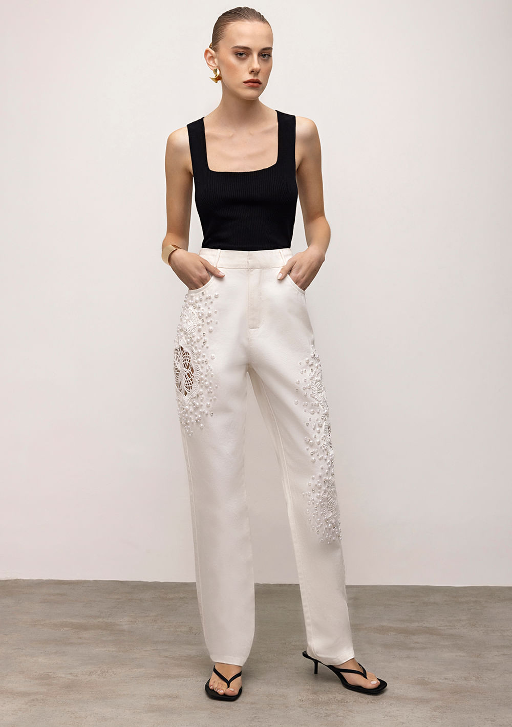 Calça Iódice Slim Cós Alto Alfaiataria Off White