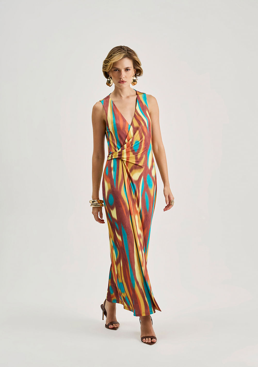 Vestido Iódice Solto Decote V Sem Manga Midi Amarelo