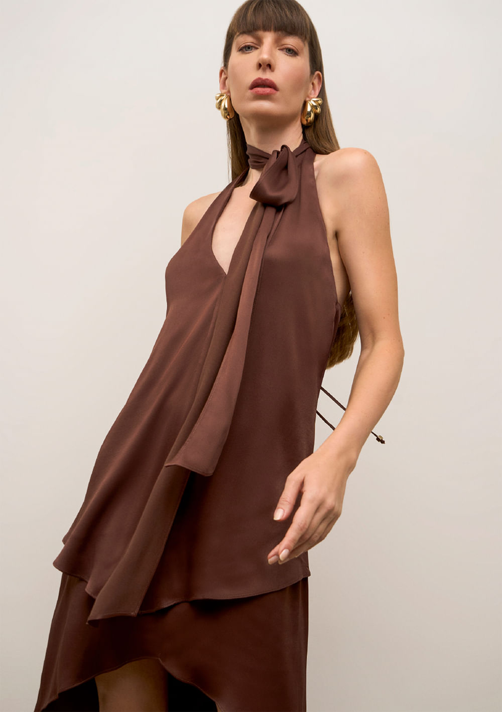 Vestido Iódice Solto Decote V Sem Manga Curto Marrom