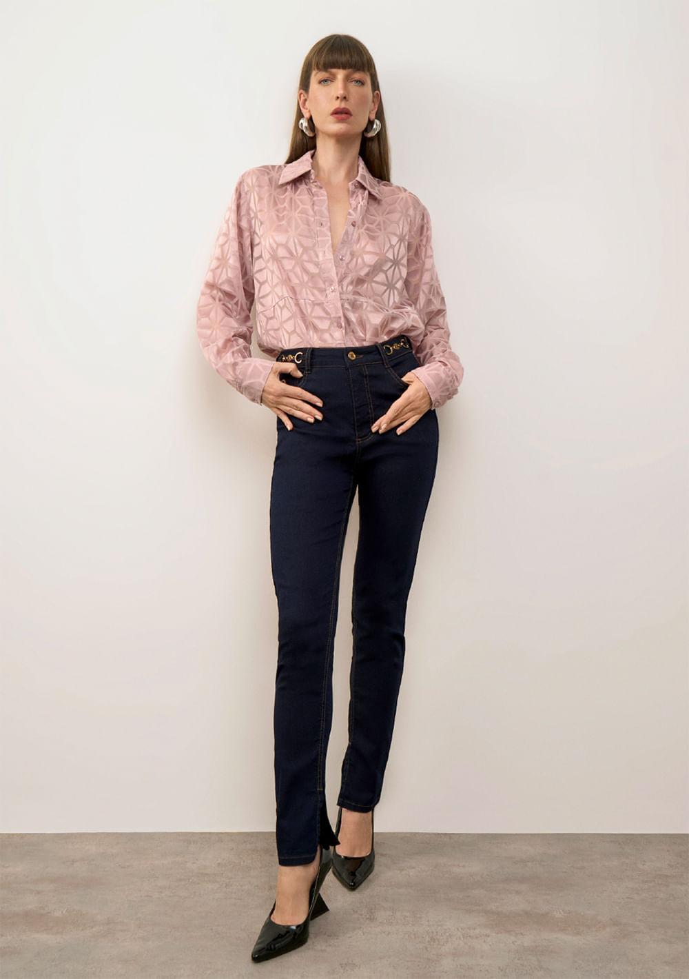 Camisa Iódice Solta Gola Clássica Manga Longa Padrão Rosa