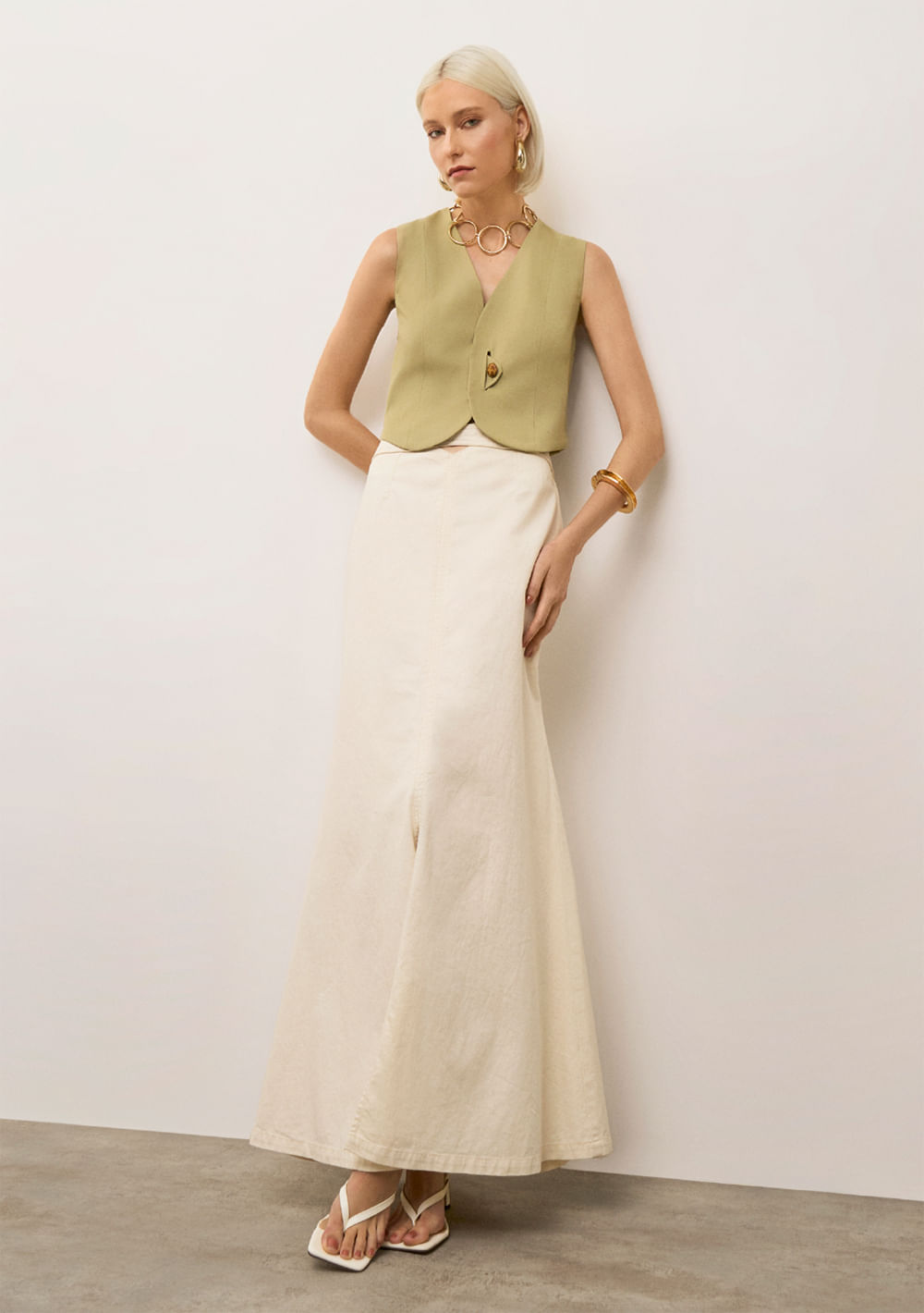 Saia Iódice Evasê Alta Midi Off White