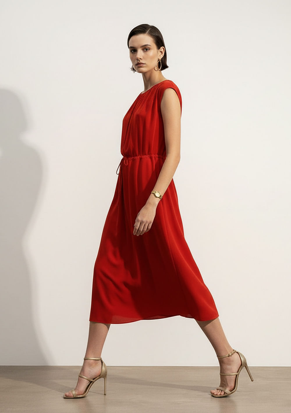 Vestido Solto Decote Canoa Sem Manga Midi Laranja