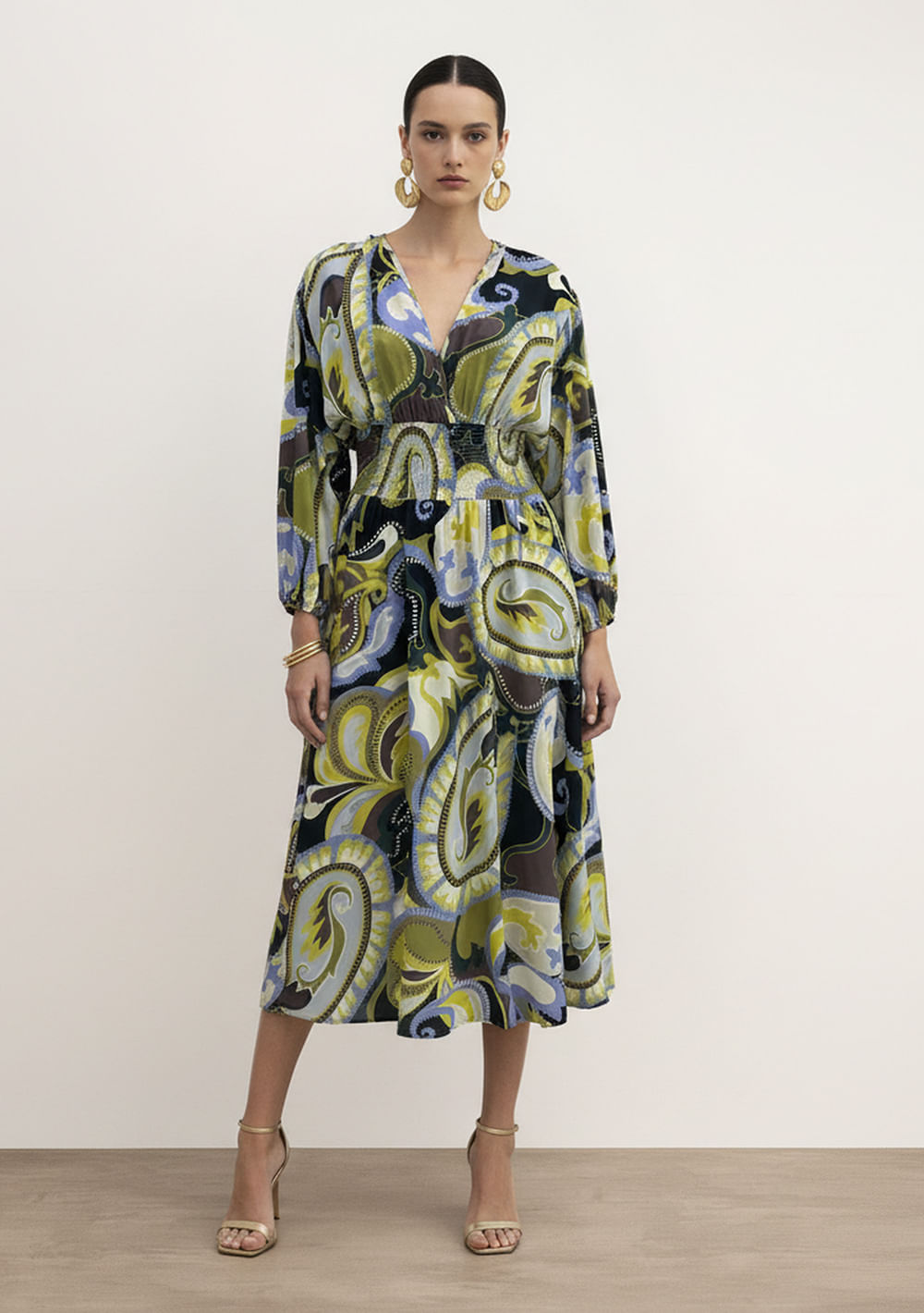 Vestido Ajustado Decote V Com Alça Midi Amarelo