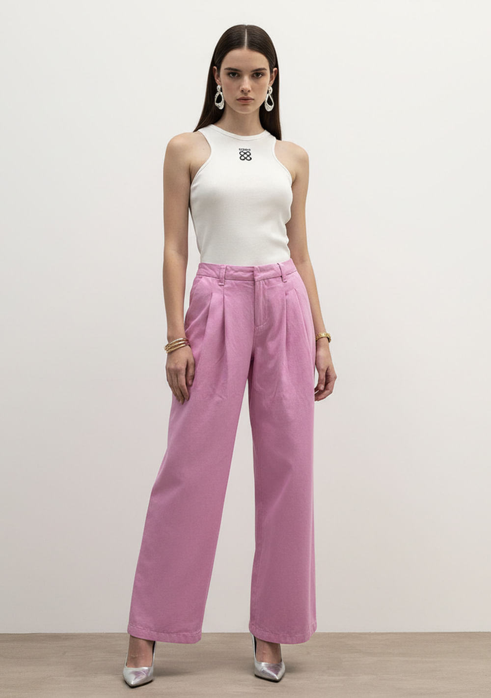 Calça Reta Alta Rosa