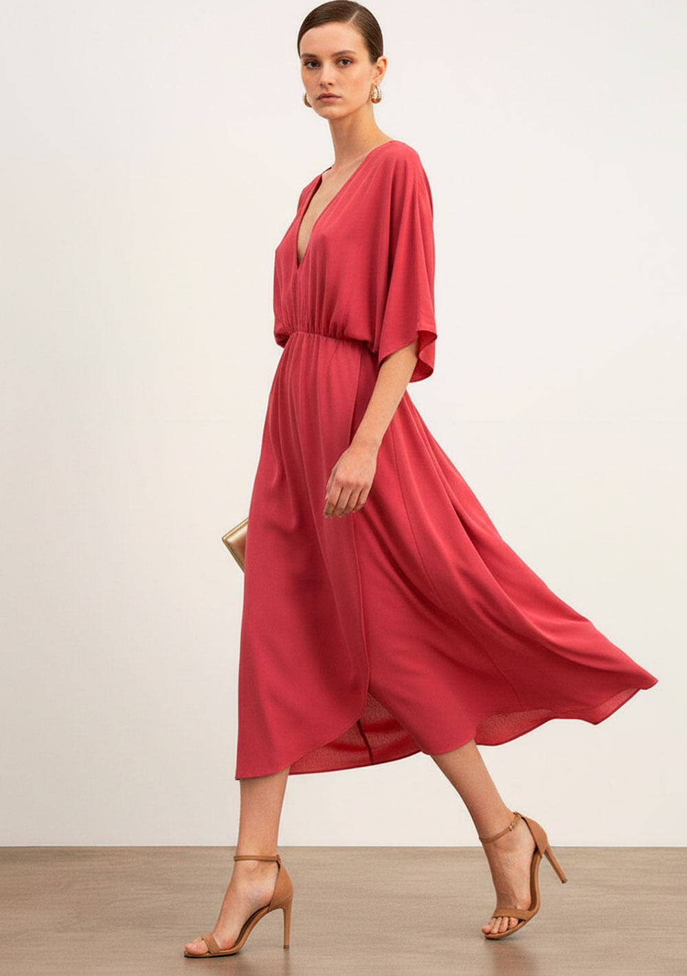 Vestido Ajustado Decote V Manga 3 Quartos Midi Rosa