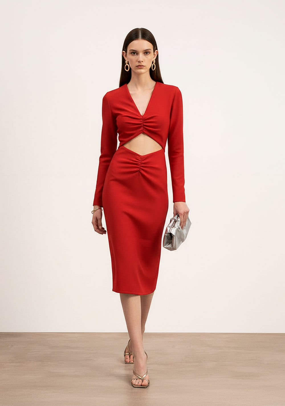 Vestido Ajustado Decote V Manga Longa Midi Vermelho