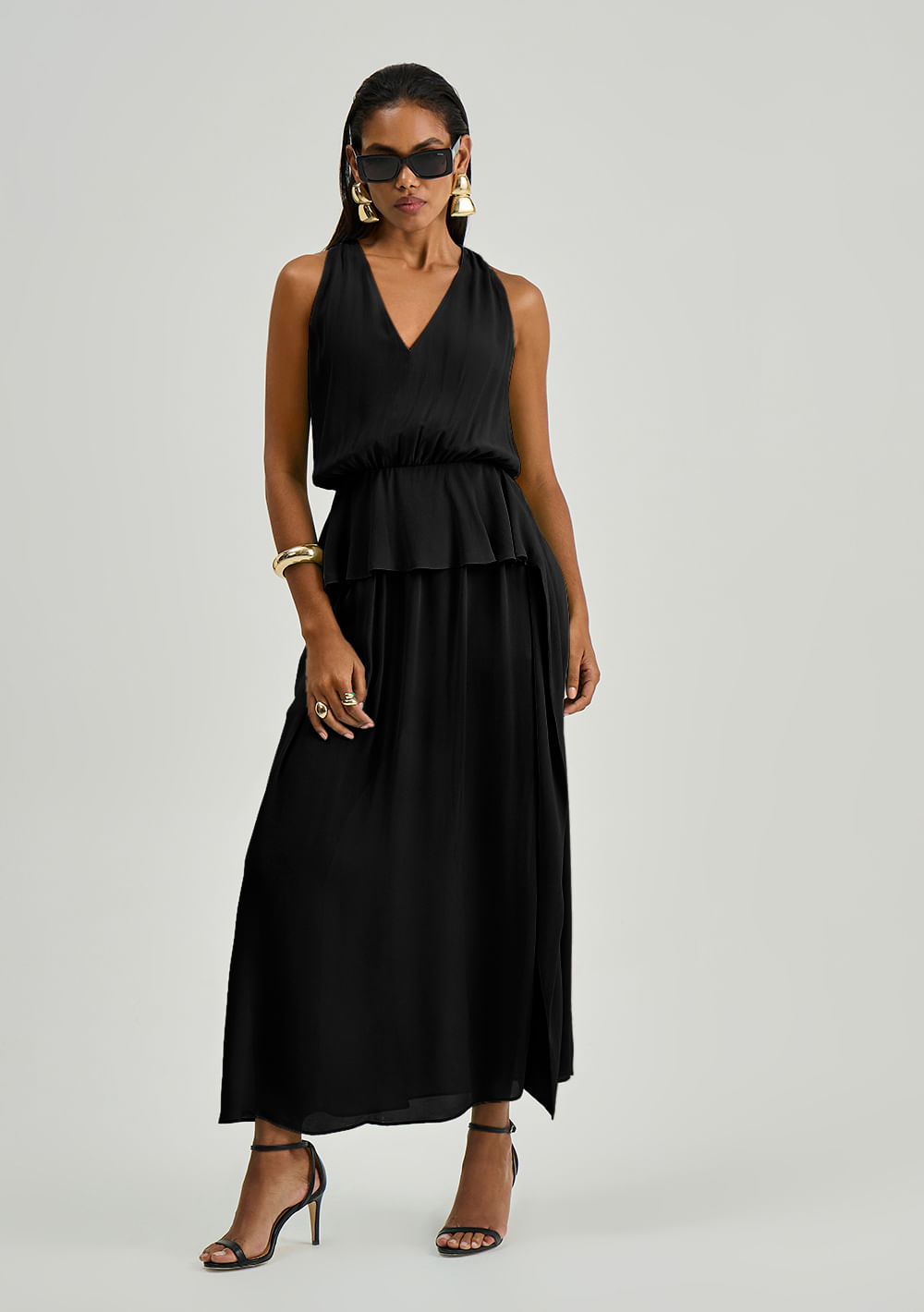 Vestido Iódice Solto Decote V Sem Manga Midi Preto
