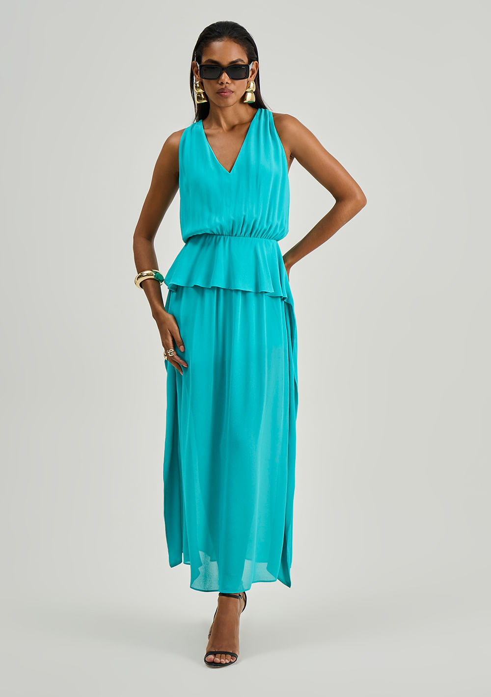 Vestido Iódice Solto Decote V Sem Manga Midi Azul