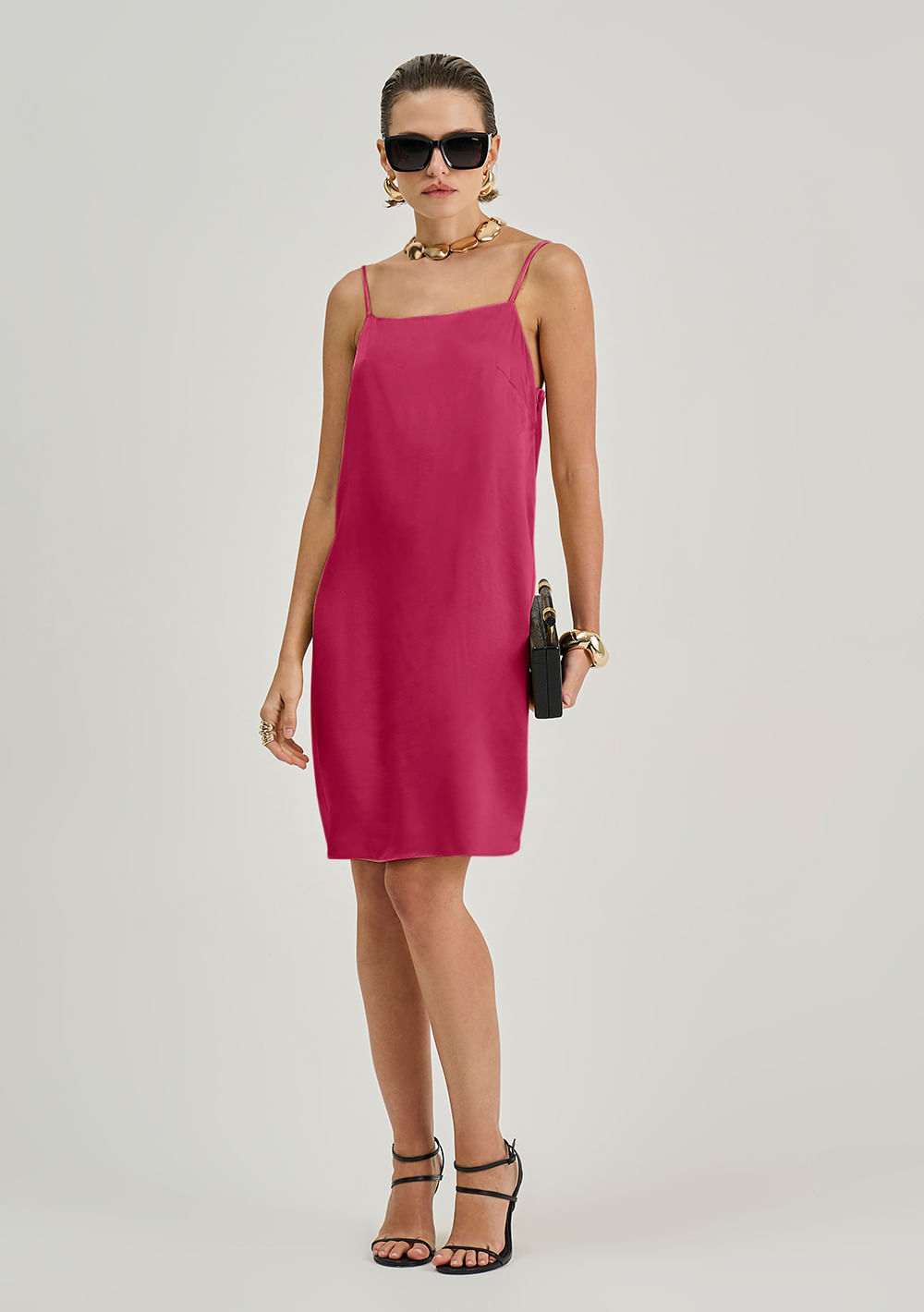 Vestido Iódice Solto Decote Reto Com Alça Curto Rosa