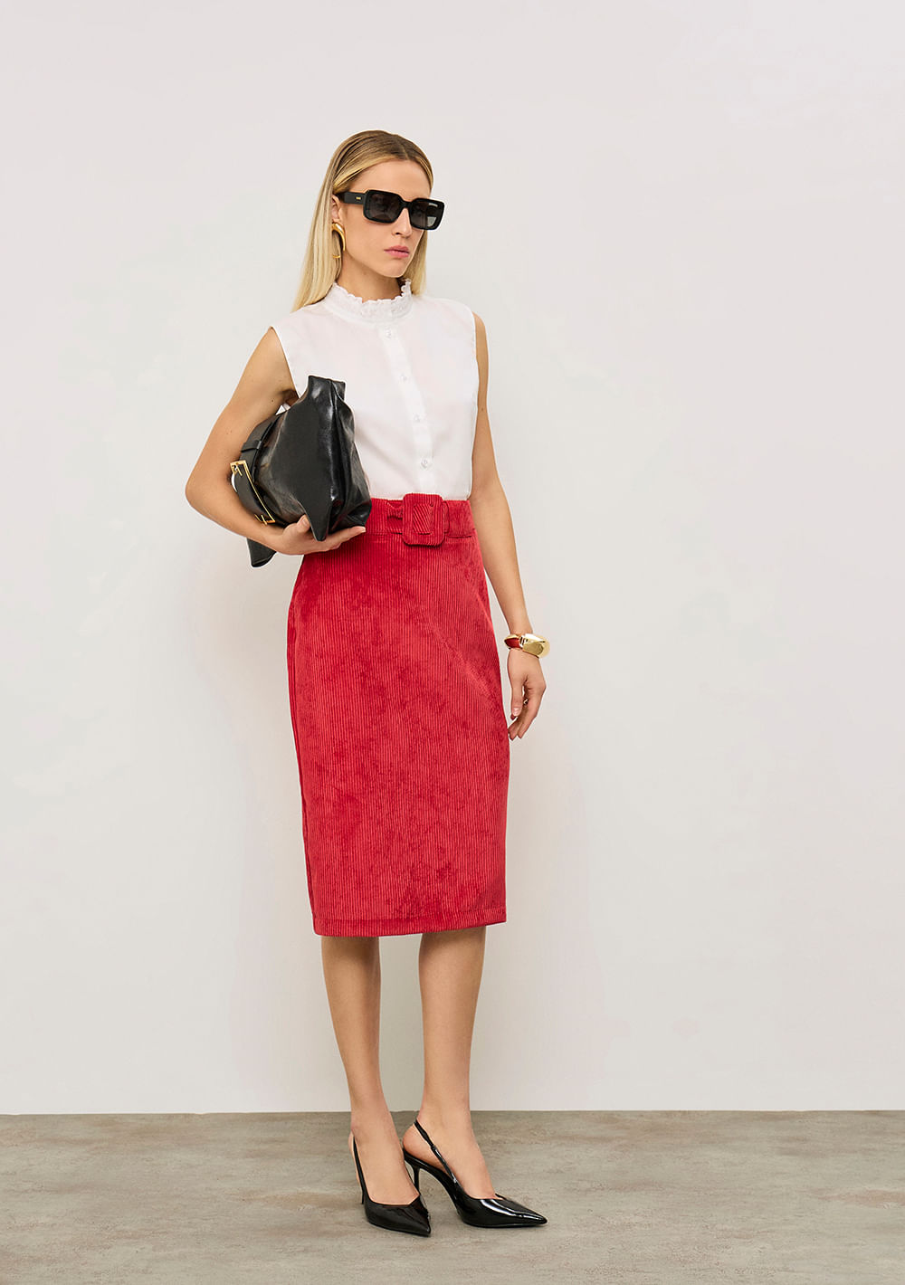 Saia Iódice Lápis Alta Midi Vermelho