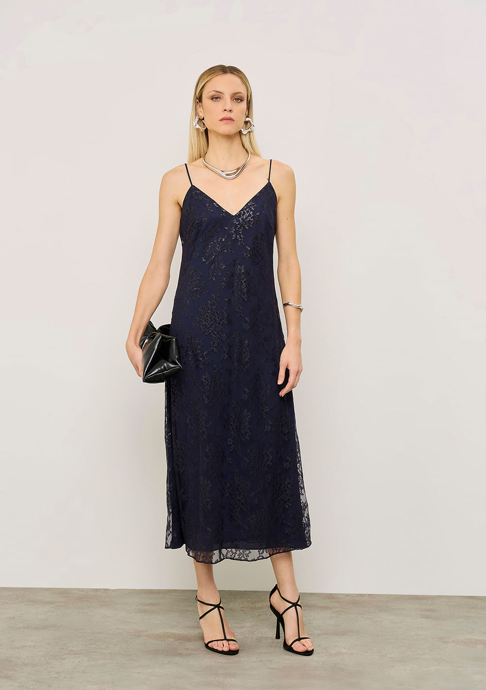 Vestido Iódice Ajustado Decote V Com Alça Midi Azul