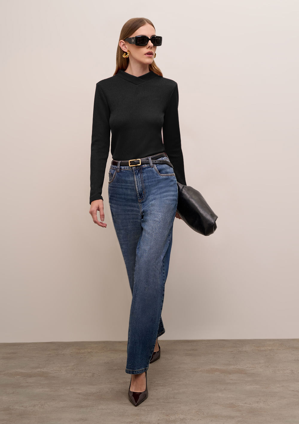 Blusa Iódice Ajustada Gola Alta Manga Longa Padrão Preto