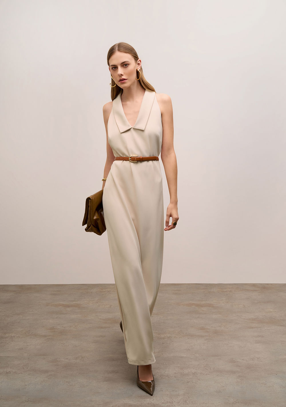 Vestido Iódice Solto Decote V Sem Manga Longo Off White