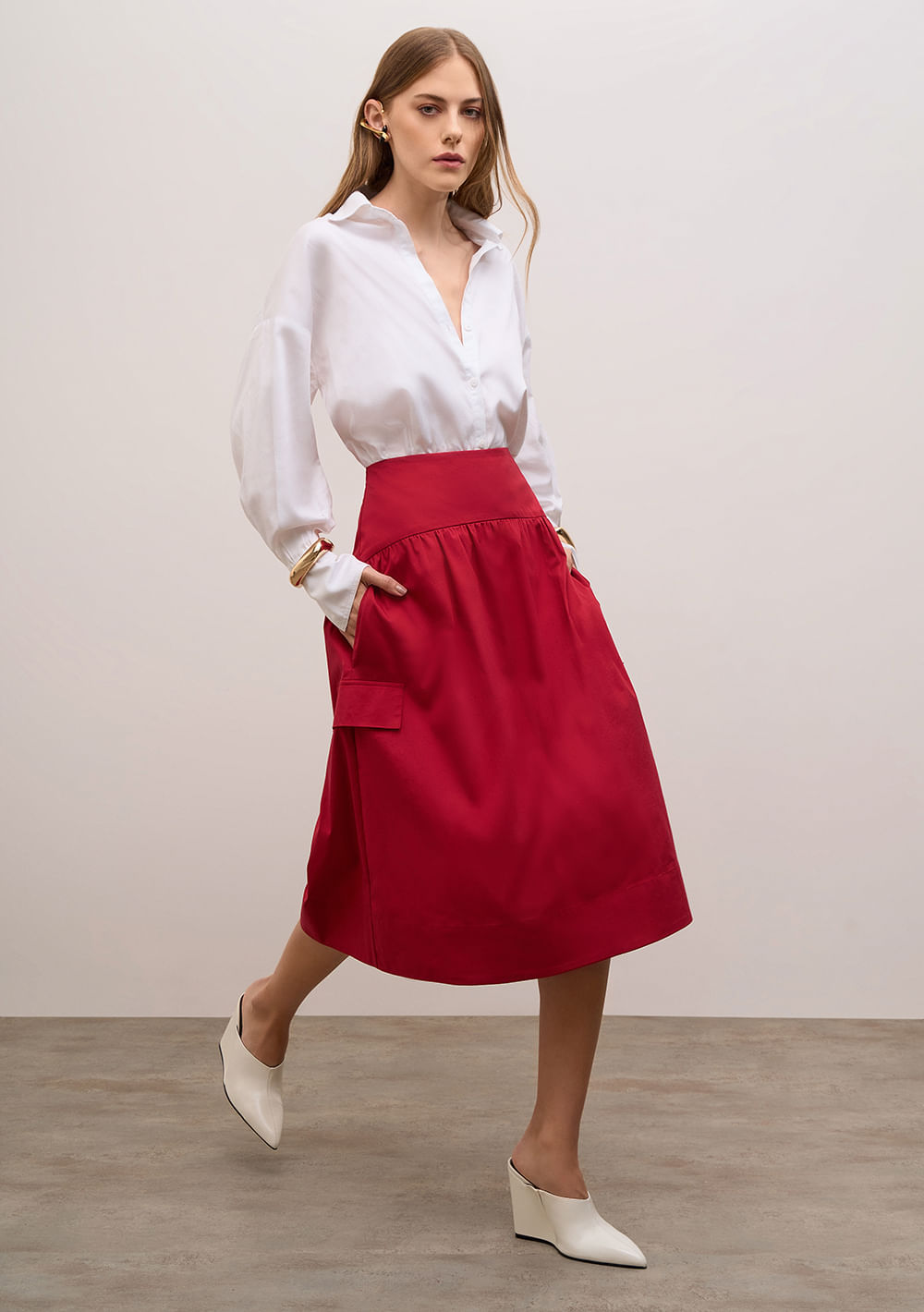 Saia Iódice Evasê Alta Midi Vermelho