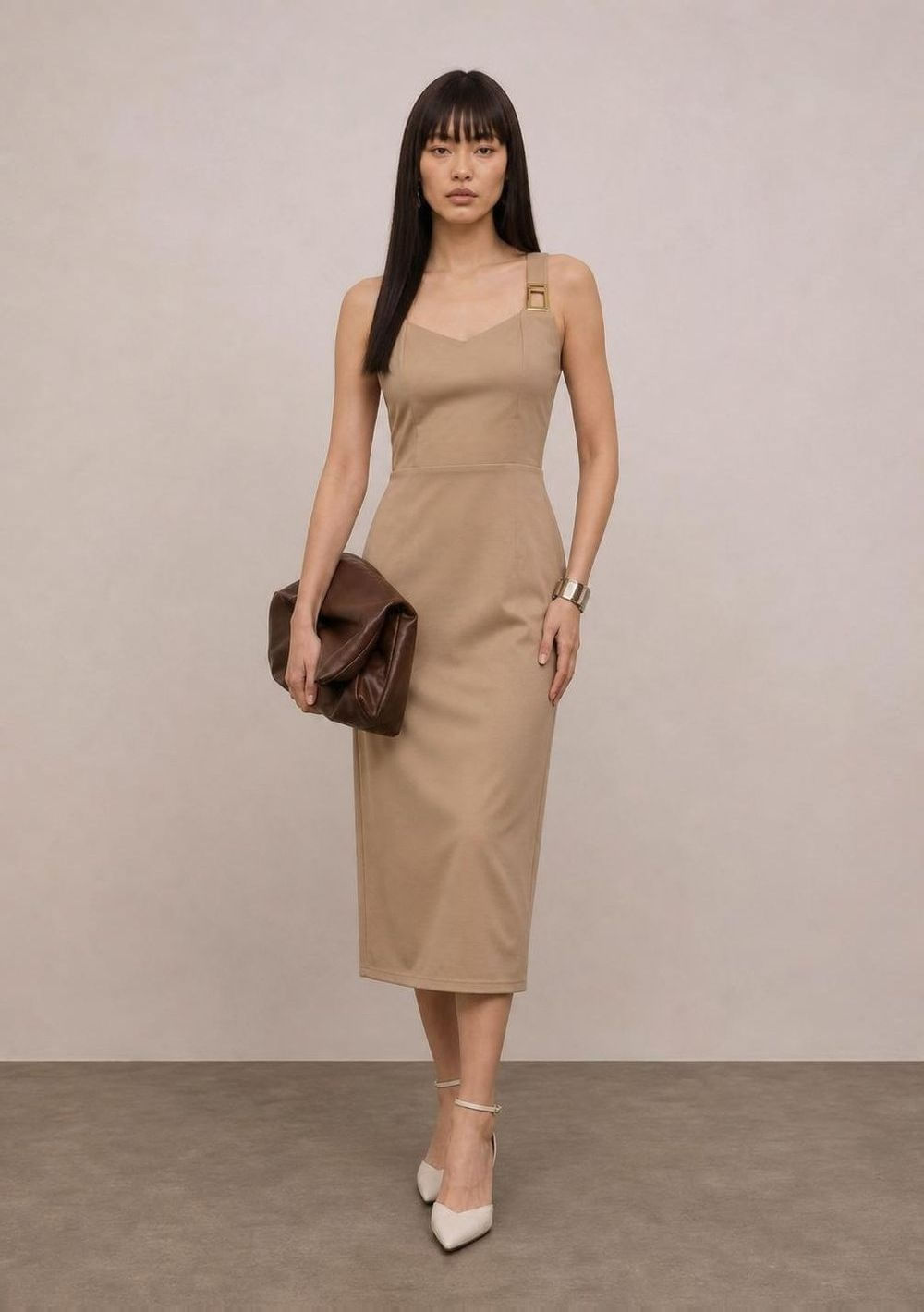 Vestido Iódice Ajustado Decote V Sem Manga Midi Bege